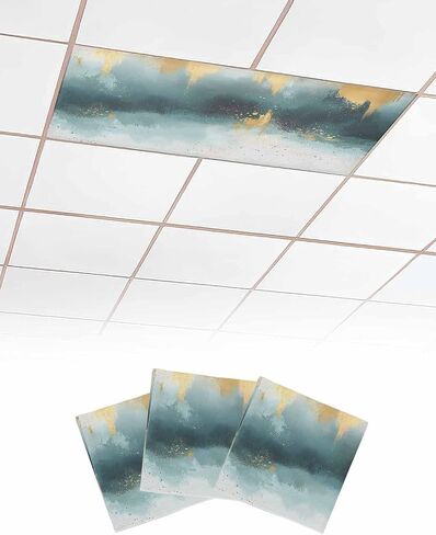 2 Pack Fluorescent Light Cover for Ceiling Lights, Modern Teal Gold Magnetic Classroom Light Filters 4x2 Feet, Abstract Geometric Lines Decorative Ceiling Shade Panel for Office in Saudi Arabia