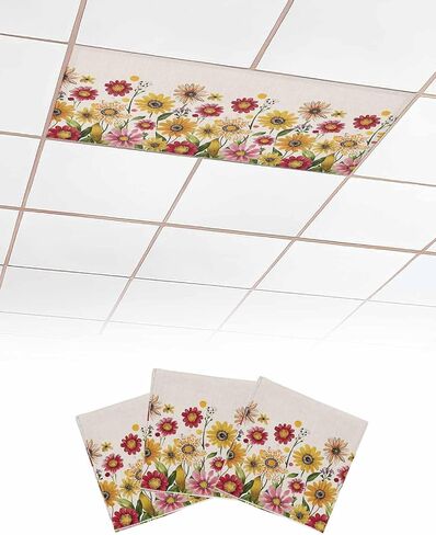 1 Pack Fluorescent Light Cover for Ceiling Lights, Yellow Red Spring Floral Magnetic Classroom Light Filters 4x2 Feet, Pastoral Summer Flower Rustic Decorative Ceiling Shade Panel for Office in Saudi Arabia