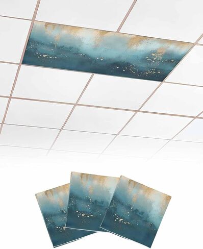 4 Pack Fluorescent Light Cover for Ceiling Lights, Turquoise Gold Geometric Magnetic Classroom Light Filters 4x2 Feet, Modern Abstract Oil Painting Decorative Ceiling Shade Panel for Office in Kuwait