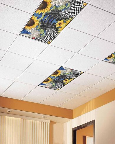 1 Pack Fluorescent Light Cover for Ceiling Lights, Vintage Sunflower Rooster Magnetic Classroom Light Filters 4x2 Feet, Summer Elegant Flowers Decorative Ceiling Shade Panel for Office in Saudi Arabia