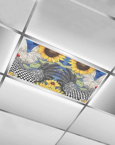 1 Pack Fluorescent Light Cover for Ceiling Lights, Vintage Sunflower Rooster Magnetic Classroom Light Filters 4x2 Feet, Summer Elegant Flowers Decorative Ceiling Shade Panel for Office in Saudi Arabia