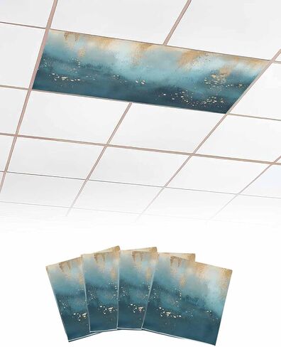 4 Pack Fluorescent Light Cover for Ceiling Lights, Turquoise Gold Geometric Magnetic Classroom Light Filters 4x2 Feet, Modern Abstract Oil Painting Decorative Ceiling Shade Panel for Office in Kuwait