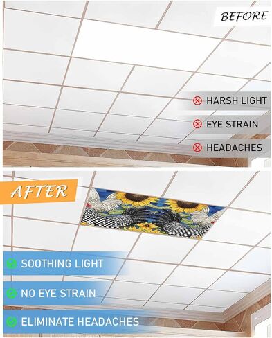 1 Pack Fluorescent Light Cover for Ceiling Lights, Vintage Sunflower Rooster Magnetic Classroom Light Filters 4x2 Feet, Summer Elegant Flowers Decorative Ceiling Shade Panel for Office in Saudi Arabia