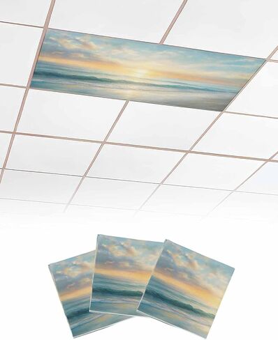 2 Pack Fluorescent Light Cover for Ceiling Lights, Ocean Sunrise Coastal Magnetic Classroom Light Filters 4x2 Feet, Summer Beach Abstract Art Decorative Ceiling Shade Panel for Office in Saudi Arabia