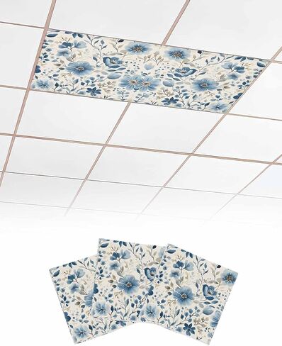 3 Pack Fluorescent Light Cover for Ceiling Lights, Spring Flower Magnetic Classroom Light Filters 4x2 Feet, Blue Watercolor Plant Plant Leaf Branch Decorative Ceiling Shade Panel for Office in Saudi Arabia