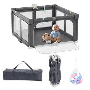 Xilingol 50" X 50" Foldable Playpen, Potable Baby Play Yard with Carry Bag, Baby Gate Playpen with Anti-Slip Suckers & Zipper Gate, Toddler Fence Play Area with 4 Handlers & 50 Ocean Balls (Grey)