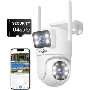 Hiseeu Wireless Security Camera Dual Lens 5G/2.4G WiFi PTZ Camera Outdoor,Power Cord,IP65 Waterproof Motion Tracking,Color Night Version, with 64GB