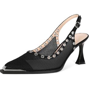 Women's Slingback Heels Mesh Flared High Heel Grommet Metal Square Toe Buckle Pumps Party Wedding Dressy Shoes 3 Inches in Saudi Arabia