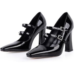 Black Mary Jane Heels with Double Strap Vintage Square Toe Dress Shoes for Women Comfortable High Block Heel Women's Pumps for Working Graduation Office