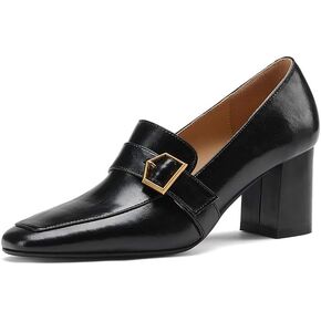 TinaCus Genuine Leather Women's Handmade Square Toe Mid Block Heel Slip On Graceful Oxford Loafer Pumps with Cool Buckle