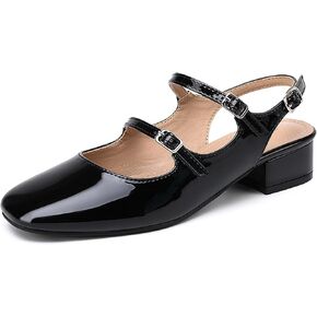 Womens Mary Janes Pumps Chunky Low Heel Slingback Adjustable Ankle Buckle Slip On Sandals Double Back Buckles Block Pumps for Wedding Holiday Working Casual