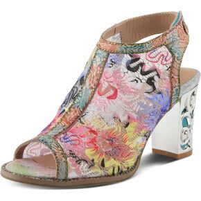 L'Artiste Women's WOWZA Hook-and-Loop Leather Sandals – Hand-Painted Design, Vibrant Mesh Upper, Crystal Embellishments, Chunky Metallic Heel