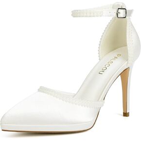 Pearl Wedding Shoes for Bride Closed Toe Bridal Shoes High Heel Ankle Strap Wedding Heels