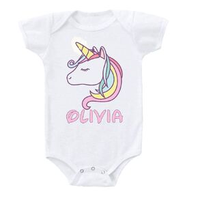 Unicorn Pink Baby Onesie Bodysuit Short Sleeve Cute Personalized Name مخصصة من 0 إلى 3 MOS أو من 3 إلى 6 أشهر أو 6 إلى 12 شهرًا لتصميم الفتيات 1