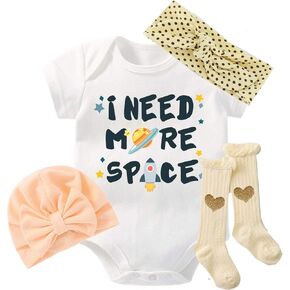 YSCULBUTOL Baby Girl Clothes I Need More Space Love heart shape Cute Outfit Infant Hairband Funny Hat Girl bodysuits Set
