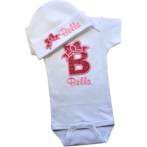 Baby Girl Embroidered Glitter Monogram Initial Bodysuit With Matching Cotton Beanie Hat - Your Custom Name