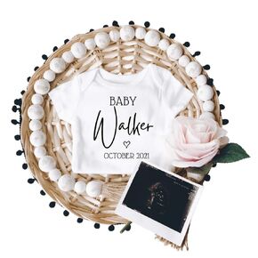 Personalized Baby Announcement Onesie | Custom Baby Name Pregnancy Announcement | Cute Baby Announcements | LNDDC01 WHITE