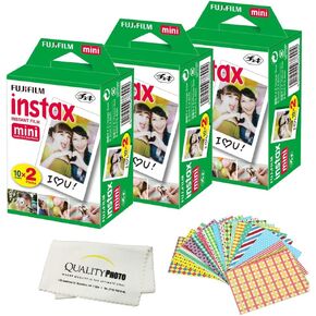 Fujifilm Mini Instant Film for Fujifilm Mini 8, 9 11 Cameras Bundled with Custom Frame Stickers and Quality Photo Microfiber Cloth (60 Films)