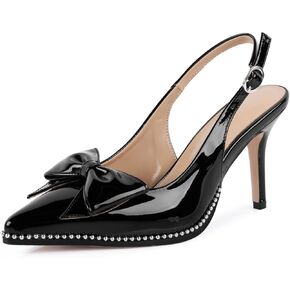 Women's Slingback Heels with Bow Sexy Pointed Toe Beaded Pumps Cute Stiletto Heel with Buckle Strap Dress Shoes for Dating Party Wedding Work