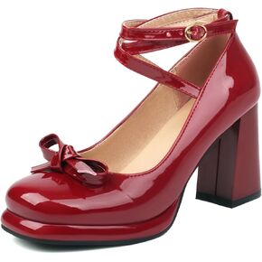 YIYA Women's Platform Mary Jane Shoes Pumps Heels Bow Lolita Platform Chunky Block High Heels Close Round Toe Ankle Buckle Strappy Cute Party Dress Shoes
