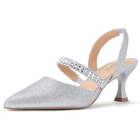 IDIFU IN3 Rhinestone Kitten Heels Closed Pointed Toe Low Strappy Dress Shoes for Women Bride Wedding Bridal Prom Heels Cute Trendy Dressy Short Slingback Pumps