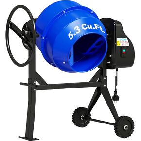 Cement Mixer, 750W 1HP Electric Cement Mixer Machine, 5.3 Cu.Ft. Potable Concrete Mixer Machine with Wheel and Stand, Blue