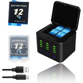 طقم شاحن البطارية لـ GoPro Hero 12 11 10 9 Black-2 × 2100mAh بطاريات و Smart 3 شحن ، شاشة LED 4-BAR ، Type-C و USB-A شحن سريع ، كابل شحن طويل