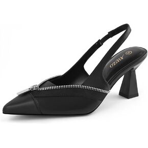 Women Slingback Kitten Heels Closed Pointed Toe Zipper Decor Slip On Pumps Dress Shoes