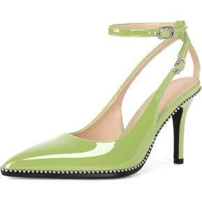 Esvowido Womens Slingback Heels 3.5 Inch Stiletto Pointed Toe Ankle Strap Pumps Beaded Closed Toe Heels for Wedding Party Office