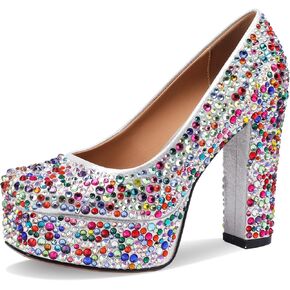 Platform Heels for Women Glitter Crystal Rhinestone Square Toe Closed Toe Chunky Pumps Comfortable Dressy Wedding Elegantes Wide Comfortable Tacones 5 Inch High Heels
