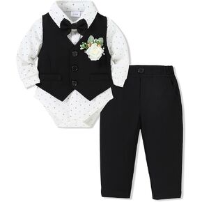 Sanmio Baby Boy Lalke Suits Infant Gentleman Outfit Collared Dress Shirt+Stest+Tie+Corsage+Pants 5pcs بدلة أطفال أسود