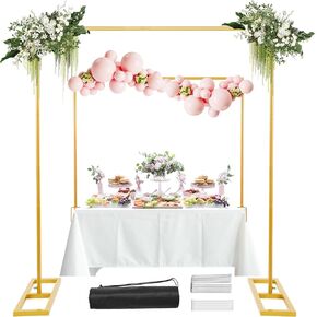 8.2FT Square Backdrop Stand, Wedding Arch Heavy Duty Adjustable Stand, Over The Table Rod Stand with Clamps, Metal Gold Garden Balloon Frame for Baby Shower Parties Decor(Two Person Installation)