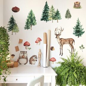 Large Woodland Nursery Decor Watercolor Pine Tree Animals Wall Stickers Nursery Wall Decor Tree Wall Decals for Kids Room Peel and Stick for Living Room 45.3x45.3 Inch