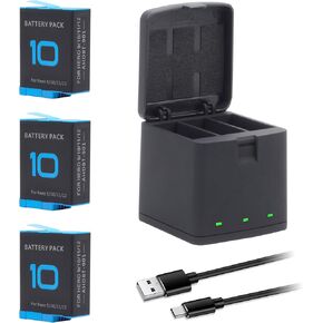 3-Pack Hero 10 Batteries for GoPro Hero 12, Hero 11, Hero 10, Hero 9 Black Sport Action Camera with 3 Channel Battery Charging Station Power Fast Portable Accessory High Capacity