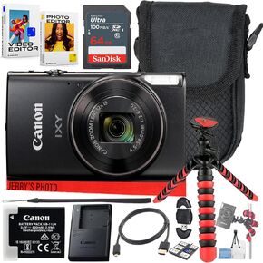 Canon PowerShot IXY 650 / ELPH 360 HS Compact Digital Camera 12x Optical Zoom (Black) Bundle with 64GB Memory Card + Camera Case + Card Reader + Spider Tripod + More (12pc Bundle) (Renewed)