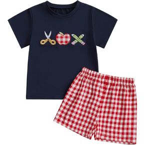 Toddler Baby Boy Back to School Outfit Embroidery Short Sleeve T-Shirt Plaid Shorts Set First Day of School Clothes