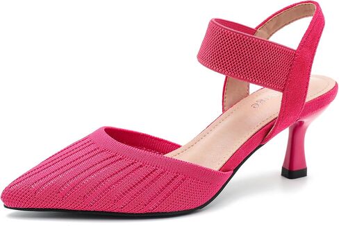 Enelauge Women's Closed Toe Low Kitten Heels Knit Pumps Elastic Ankle Strap Sandals Slingback Pointed Toe Wedding Prom Dress Shoes in Kuwait