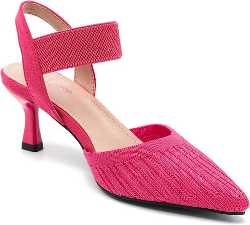 Enelauge Women's Closed Toe Low Kitten Heels Knit Pumps Elastic Ankle Strap Sandals Slingback Pointed Toe Wedding Prom Dress Shoes in Kuwait