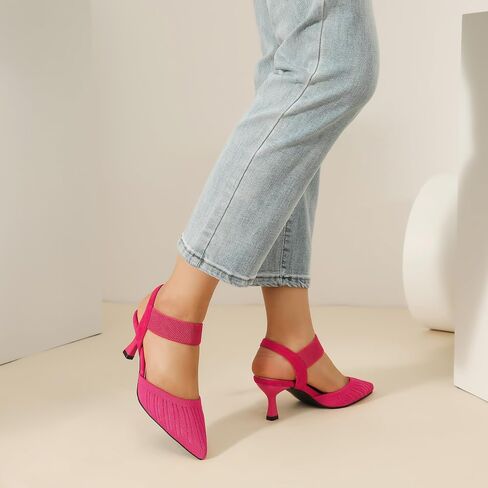 Enelauge Women's Closed Toe Low Kitten Heels Knit Pumps Elastic Ankle Strap Sandals Slingback Pointed Toe Wedding Prom Dress Shoes in Kuwait