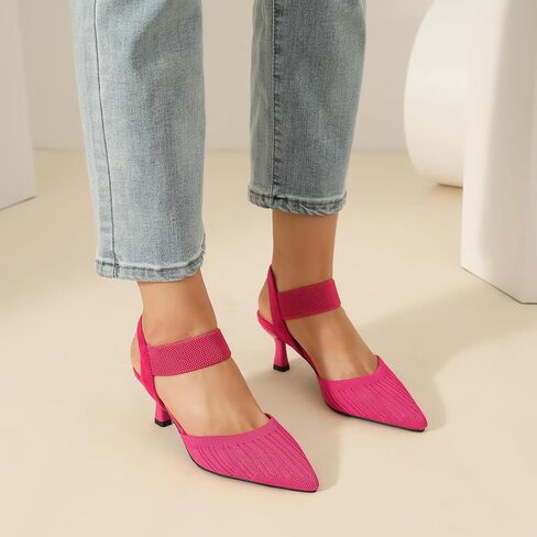 Enelauge Women's Closed Toe Low Kitten Heels Knit Pumps Elastic Ankle Strap Sandals Slingback Pointed Toe Wedding Prom Dress Shoes in Kuwait