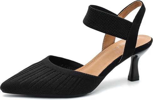 Enelauge Women's Closed Toe Low Kitten Heels Knit Pumps Elastic Ankle Strap Sandals Slingback Pointed Toe Wedding Prom Dress Shoes in Kuwait
