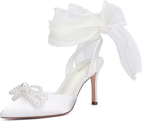 Pearl Heels Wedding Shoes for Bride Closed Toe Bridal Shoes Wedding Heels with Bow in Saudi Arabia