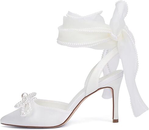 Pearl Heels Wedding Shoes for Bride Closed Toe Bridal Shoes Wedding Heels with Bow in Saudi Arabia
