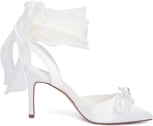 Pearl Heels Wedding Shoes for Bride Closed Toe Bridal Shoes Wedding Heels with Bow in Saudi Arabia