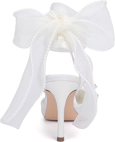 Pearl Heels Wedding Shoes for Bride Closed Toe Bridal Shoes Wedding Heels with Bow in Saudi Arabia