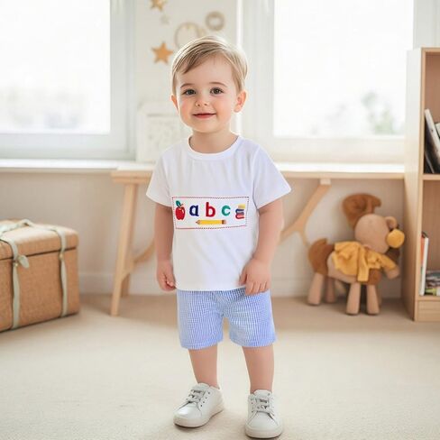 طفل طفل طفل يعود إلى ملابس المدرسة التطريز القصيرة القصيرة القميص المنقوقة. in Kuwait