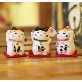 Set of 3 Japanese Ceramics Maneki Neko Lucky Fortune cat Figurines Waving Fortune Decor Ornaments for Home auto Gift