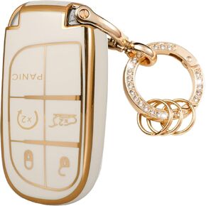 Key Fob Cover Compatible with Jeep Cherokee Grand Cherokee Renegade Compass Dodge Challenger Journey Durango Dart Charger Chrysler 300 TPU Car Key Case Shell with Metal Keychain White