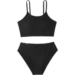 WDIRARA Girl's 2 Piece Solid Ruched Swimwear Set Textured Tankini Tops and Bikini Bottoms Swimwear Sets Bathing Suit
