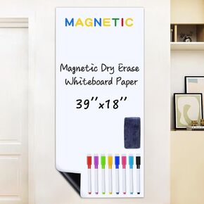 Magnetic Whiteboard Contact Paper, 39" x 18" Peel and Stick Magnetic Wallpaper, Magnetic Dry Erase Whiteboard Paper, Easy to Write and Clean， with Magnetic Marker & Eraser & Letters